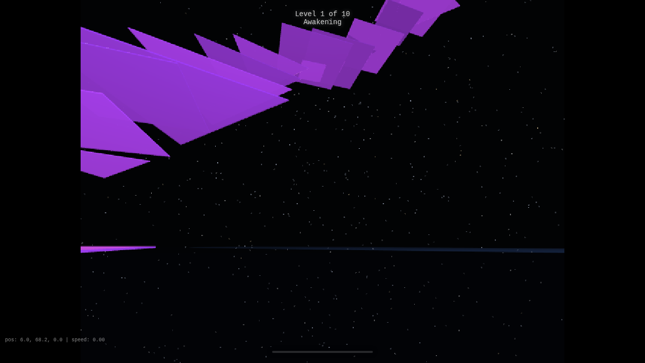Tranquility remake gameplay showing purple geometric platforms floating in space